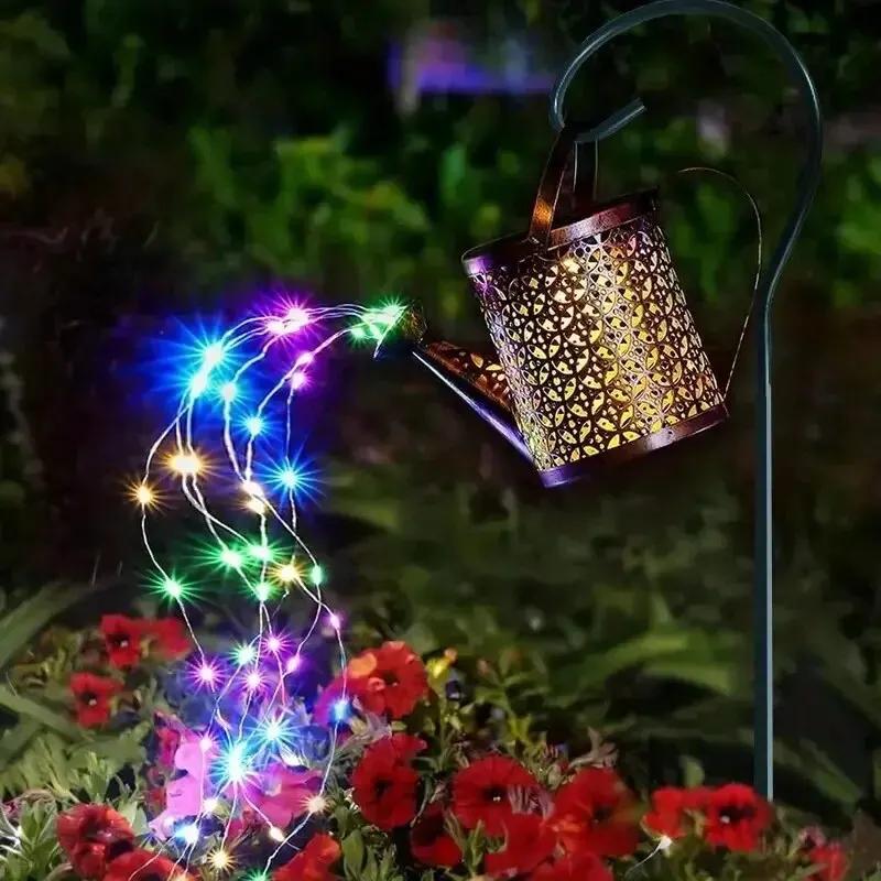 Solar Watering Can Light Retro Metal Lantern Outdoor Waterproof Shower Lights Hanging Star LED Fairy for Garden Decoration Pond