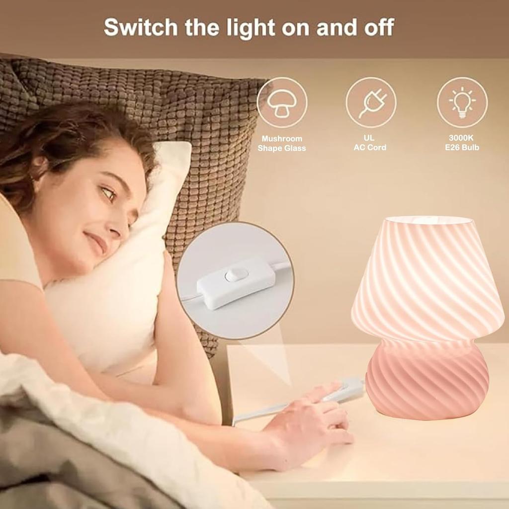 Pink Mushroom Lamp,Small Glass Table Lamp/Accent Lamp/Cute Desk Lamp for Bedroom Bedside Nightstand,3000K Soft Glow Warm Lighting,Trendy Fun Mini