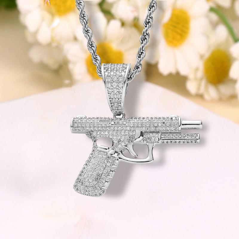 2026 New Fashion Hip Hop Crystal Pistol Pendant Personality Cool Rap Trend Pendant Necklace for Men Women Gift