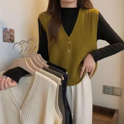 Kurze Strickweste für Damen, Frühlings- und Herbst-Design, ärmelloser Pullover mit V-Ausschnitt. Der japanische Stil ist faul und retro