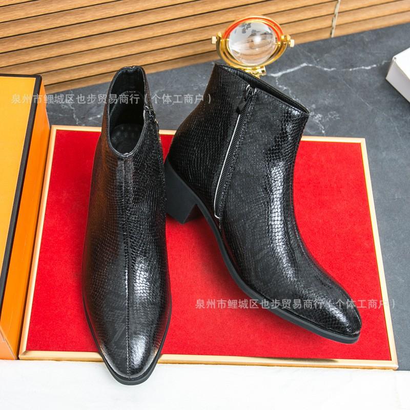MensBritish StyleBritish Style Mens Snake Print High Top Leather Boots Side Zip Pointed Toe Platform Dress Shoes Sizes