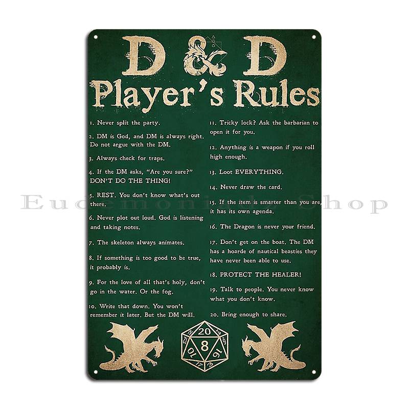 Dnd Spieler S Regeln Poster Metallschild Eisenkeule Personalisierbar Party Wanddeko Blechschild Poster