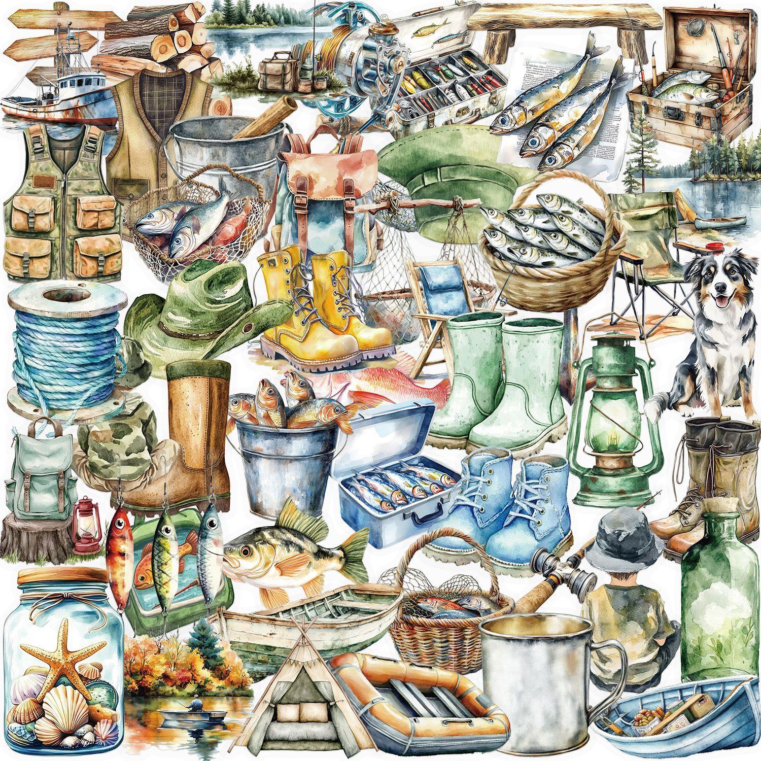 

50pcs Cartoon Fishing Stickers Decals for Laptop Scrapbook Luggage Guitar Helmet DIY Graffiti Aesthetic Stickers
