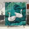 1Pc Elegant Swans Bath Curtain - Teal Green Water Ripple Design With White Swans & Orange Beaks, Serene Nature Scene