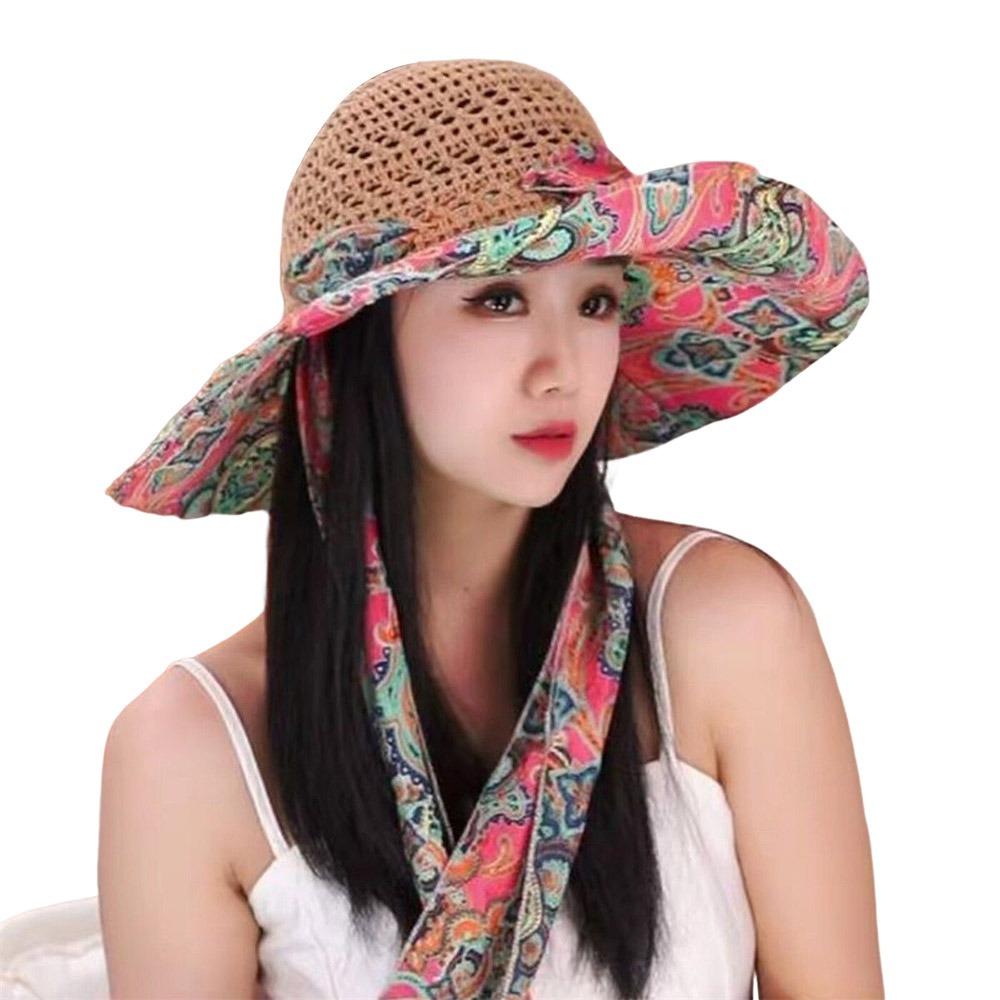 Breathable Beach Straw Hat Exquisite Flower Foldable Flower Sun Hat Large Eaves UV Protection Sun Protection Hat