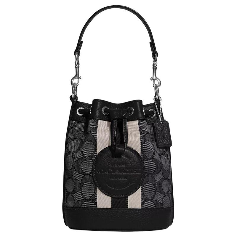 

COACH Dempsey 14 Letter Logo Drawstring Closure Jacquard Fabric and Pebbled Cowhide Bucket Bag Hand-held Shoulder Crossbody Bag Mini Women s Black чорний