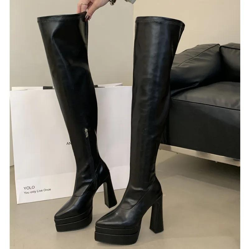 

Зимние ботфорты с острым носком выше колена, женские модные каблуки, клубная обувь, ботильоны до бедра, женские 35