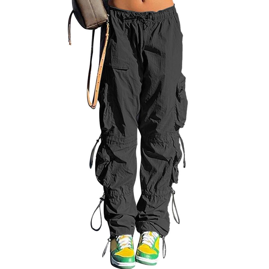 Pantaloni Cargo da Donna Stile Hip Hop Multitasche Casual Larghi Coulisse Pantaloni Cargo Baggy Neri L