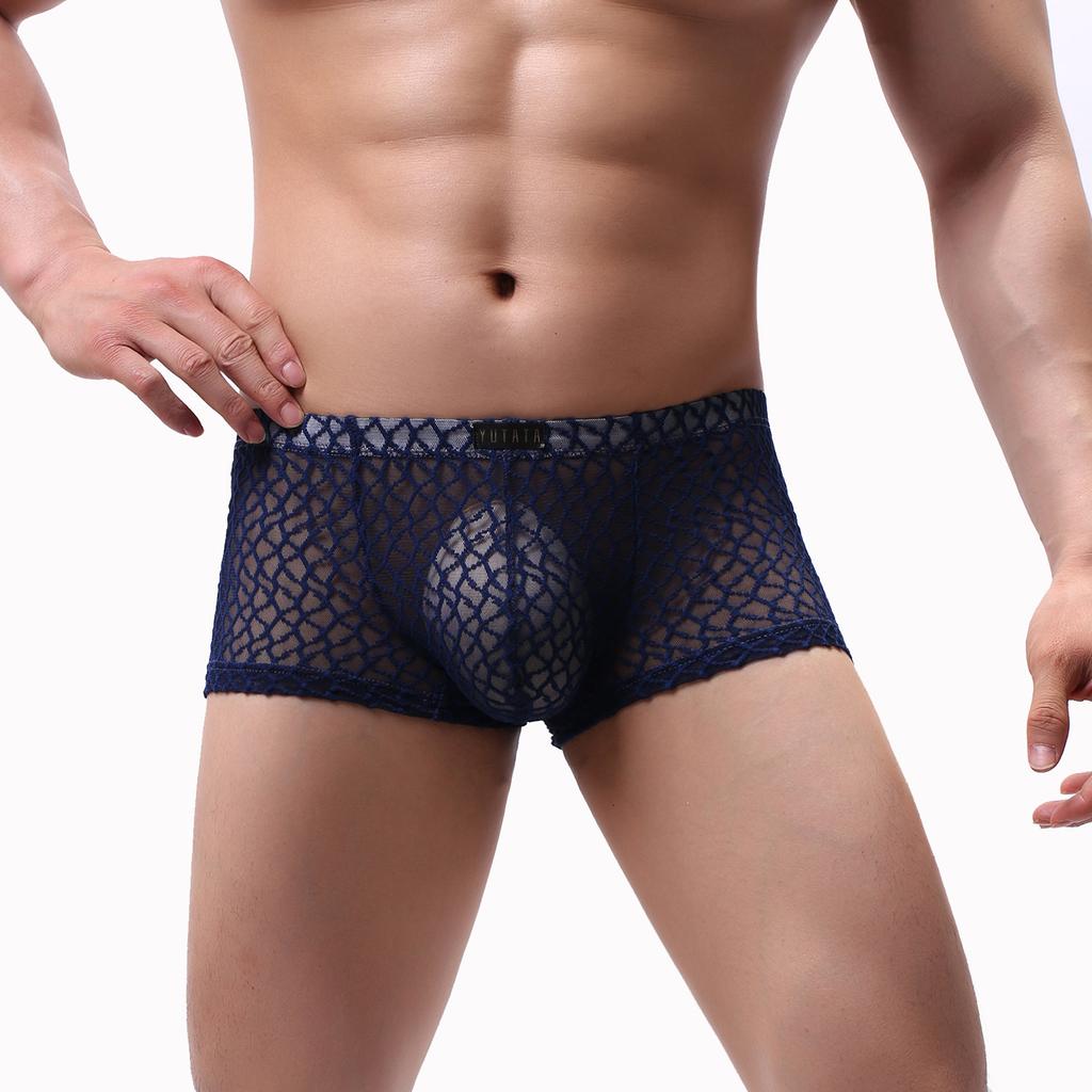 Mens Boxer Sexy See Through Lingerie Underwear Men Lace Mesh Boxershorts Underpants Man Solid Boxers Hombre Shorts Men's Panties