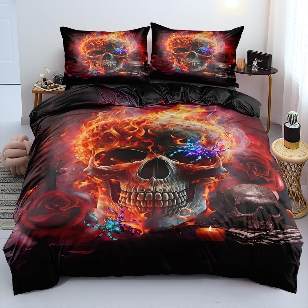 Large 3D Skull Duvet Cover Halloween Bedding Set Spooky Bedding Set For Boys Horror Gothic Bedroom Decor 3 Piece Set No Quilt