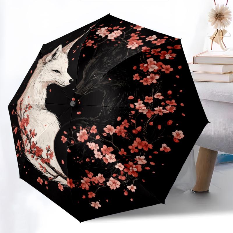 0106 Cherry Blossom Fox Pattern, Automatic Folding Umbrella, Portable and Foldable Design, 8 Ribs, a Christmas or Birthday Gift.