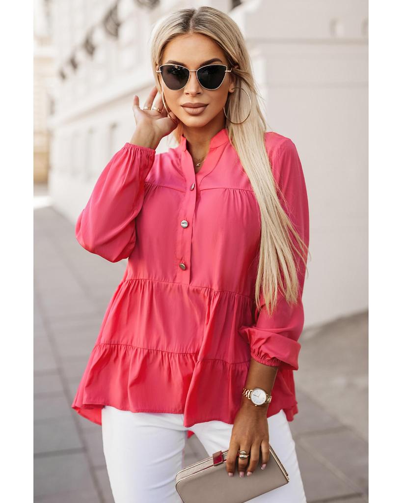 Azura Exchange Half Buttoned Ruffle Tiered Long Sleeve Blouse