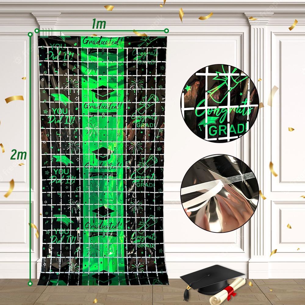 2026 Graduation Square Foil Fringe Curtain Metallic Tinsel Backdrop Door Curtain with Grad Cap Theme for Graduation Party