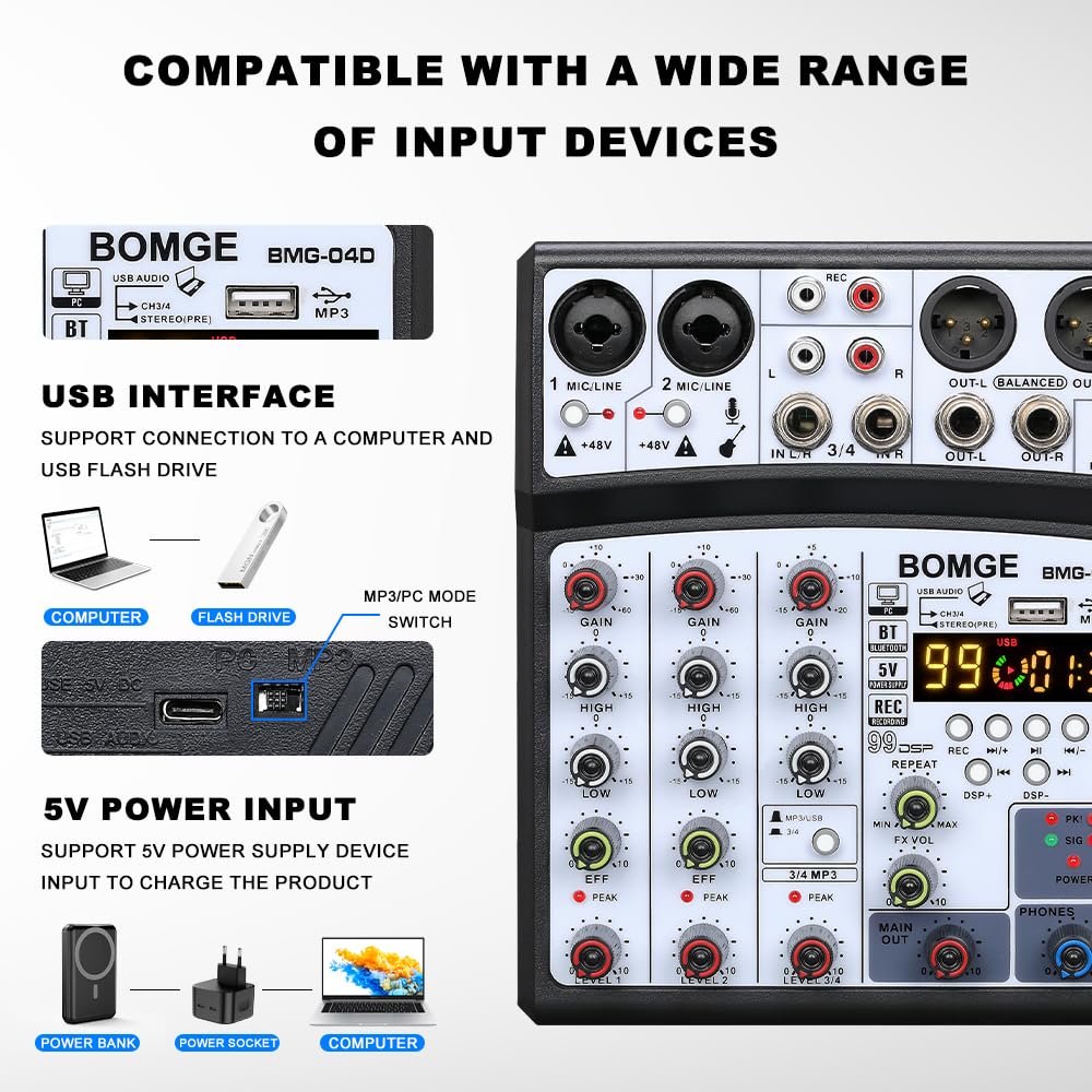 BOMGE 99DSP Echo DJ Audio Sound Mixer Interface Mixing Console Karaoke MP3 USB Bluetooth Stereo Record 48V Phantom Power 5V Power Supply 4-Channel