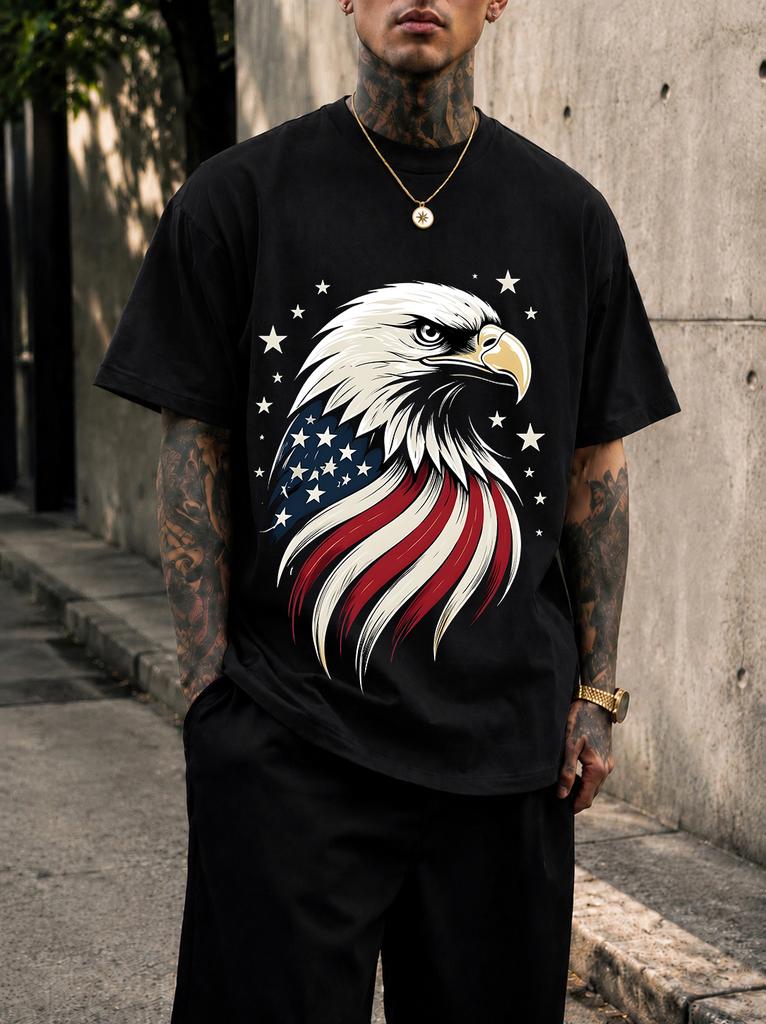 2026 New Pure Cotton Tshirt With American Bald Eagle Patriotic Print Crew Neck Short Sleeve Casual Top