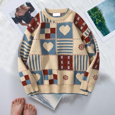 Unisex Winter Sweater Plaid Printing Retro Style Round Neck Long Sleeves Multi Patterns Couple Knitted