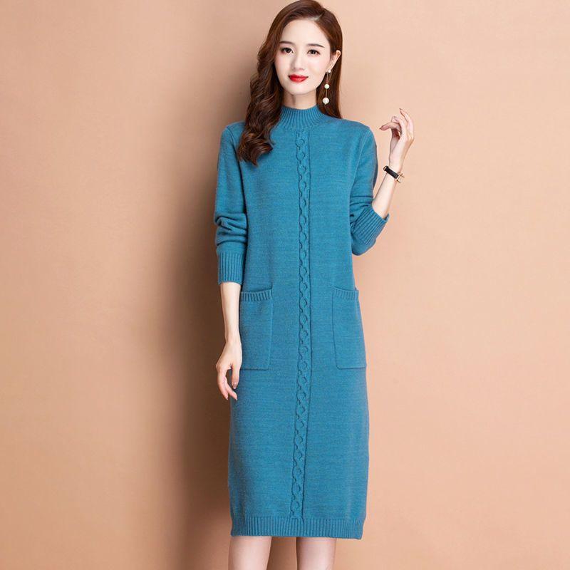 Autumn Winter Women's Half Turtleneck Knit Dress Slim Fit Solid Color Pullover Long Sweater Dress