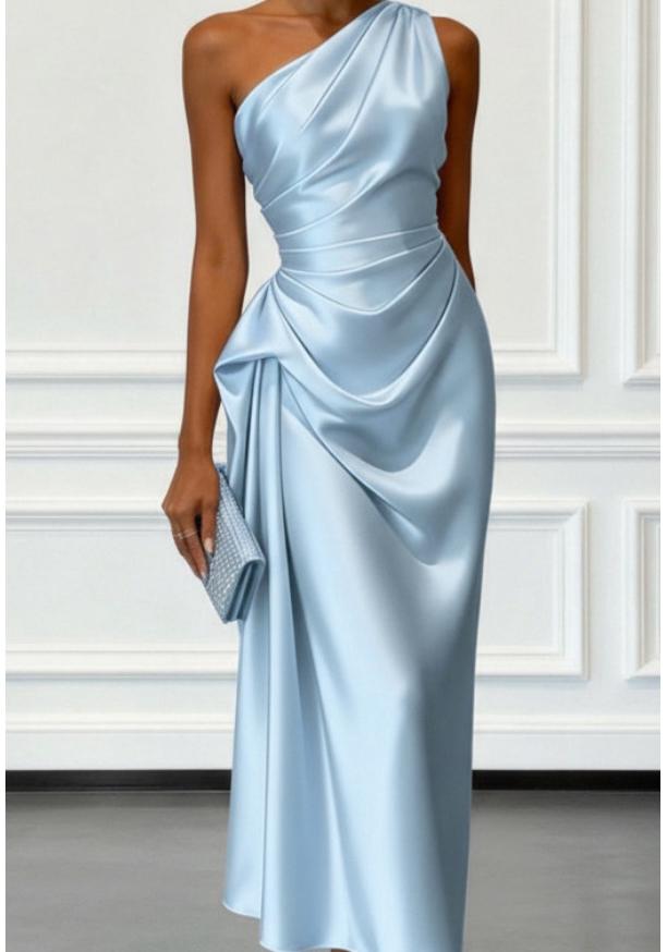 Women s Elegant One-Shoulder Slim Fit Pleated Evening Gown XXL светло-синий