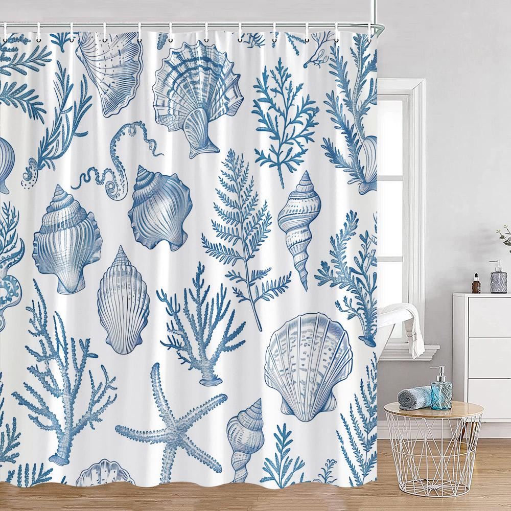 Ocean Animals Nautical Cartoon Shower Curtains Tropical Fishes Sharks Shell Sea Turtle Bathroom Decorations Kids Bath Curtain Wi