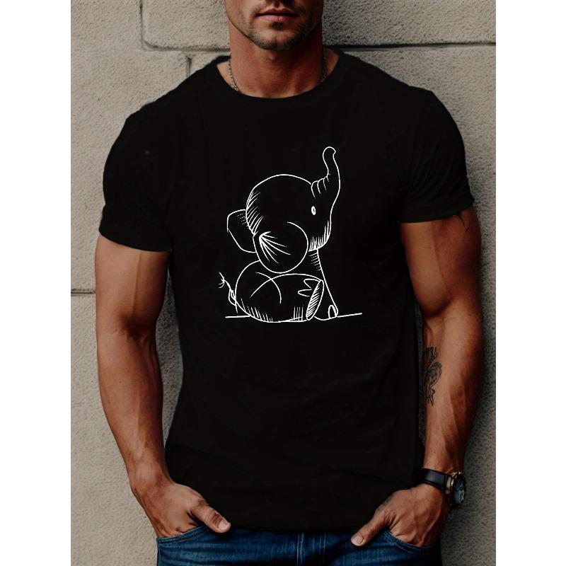 

European sizes Cute Elephant Graphic Print Men s Creative Top, Casual Short Sleeve Crew Neck T-shirt, Men s Clothing For Summer Outdoor 4XL чорний