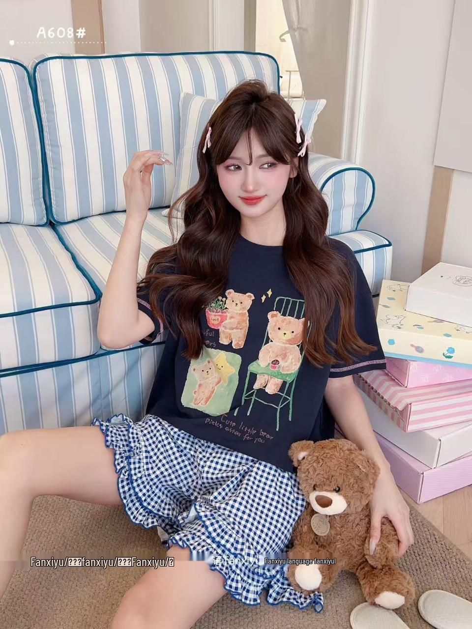 Fanxi Yu Three Bears Pajama Set: Cute Lace Short Sleeve & Shorts for Women One Size (50-80kg)