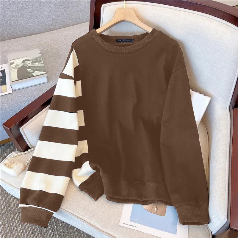 

ZANZEA Женская повседневная толстовка с круглым вырезом и длинными рукавами в полоску 3XL коричневый