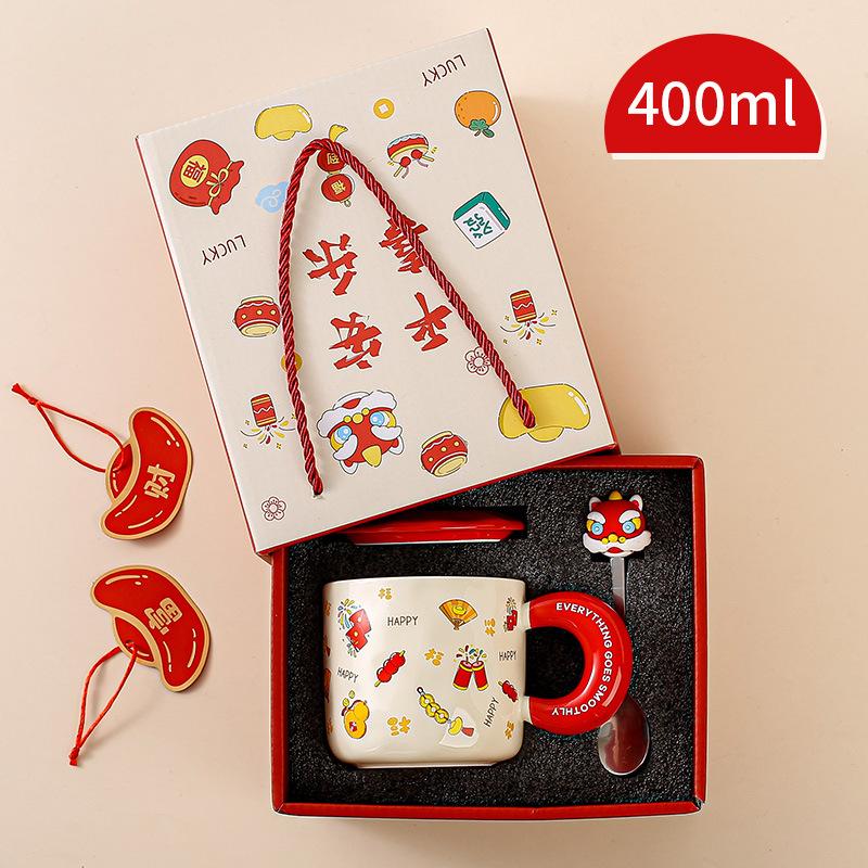 Spring Festival Gift Mug with Lid Spoon Cute Ceramic Water Cup Girl High Looking Cartoon Office Couple Cup