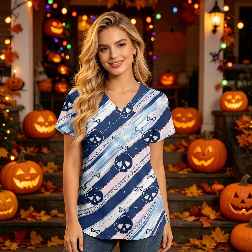 Damen V-Ausschnitt Kurzarm Kasack mit Taschen Halloween-Print Pflegekraft Uniform