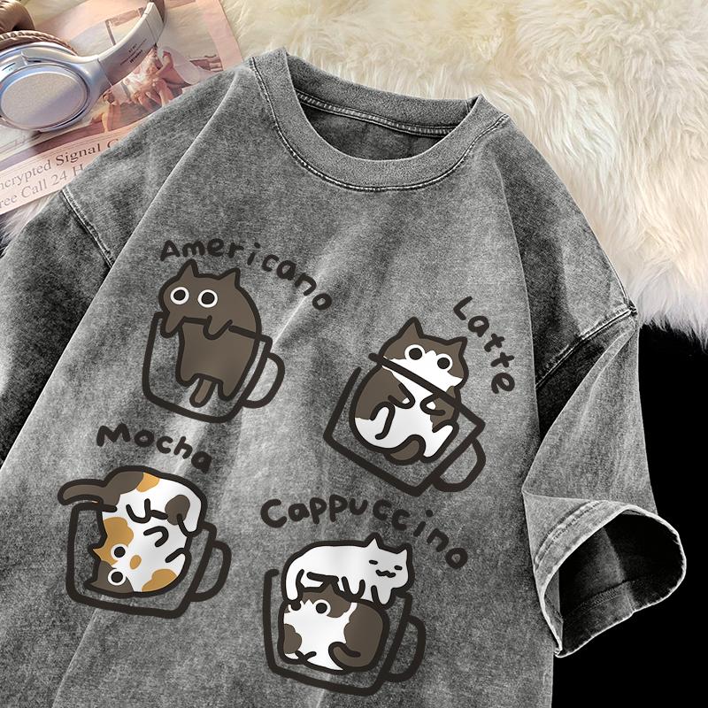 Cat Coffee Pure Cotton Trendy Summer Loose Short Sleeved T-shirt Men Women Mocha Latte Cat Vintage Water Washing Fun Cat Tees