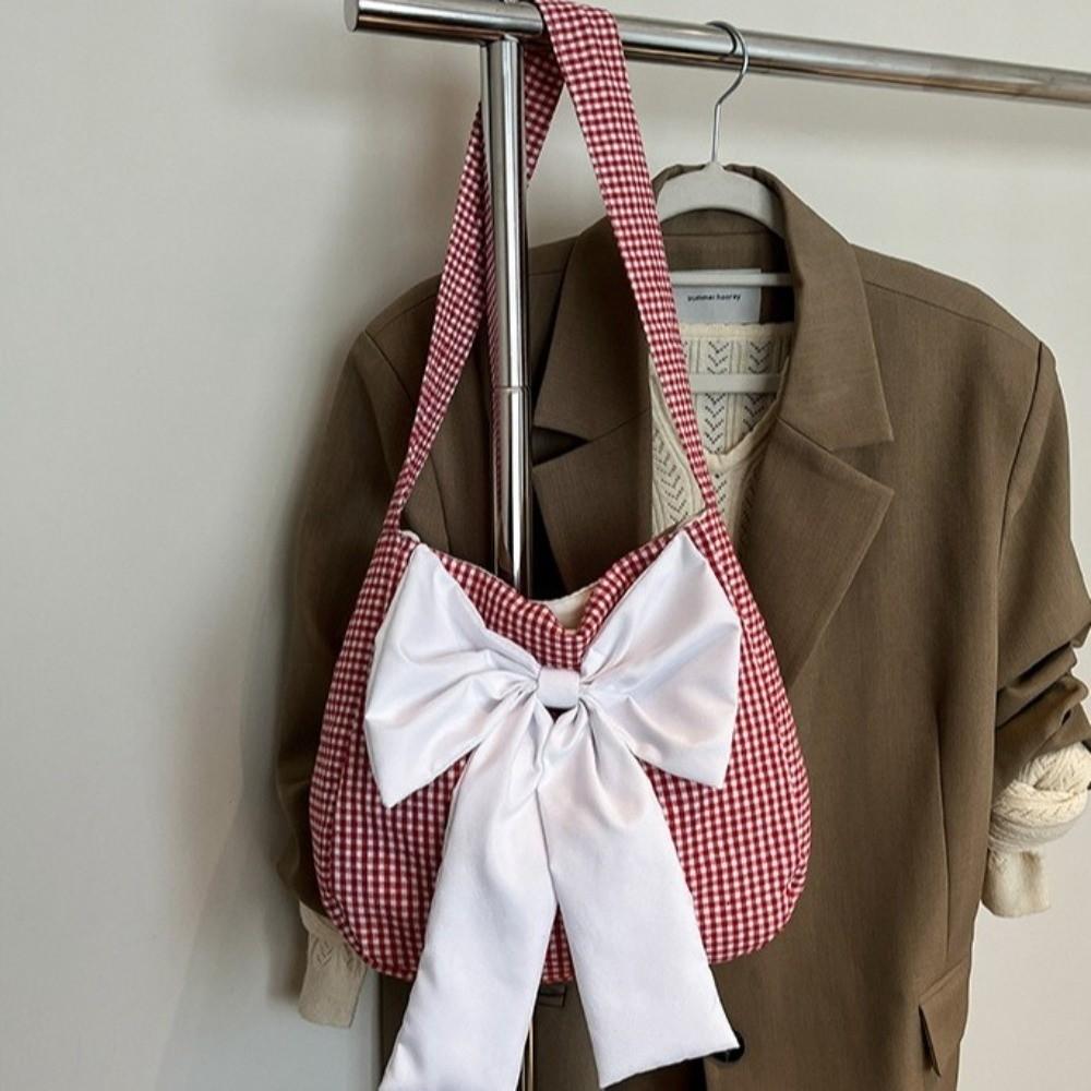 Lattice Plaid Shoulder Bag Cloth Canvas Tote Bag Simple Bow Shoulder Bag  Student