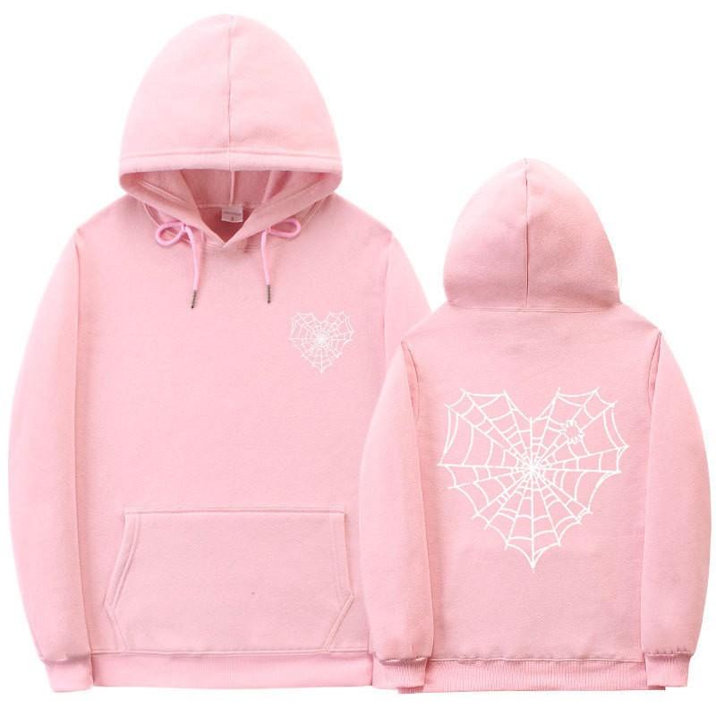 Gothic Spiderweb Print Hooded Sweatshirt Unisex Oversized Pullover With Ribbed Hem Fall