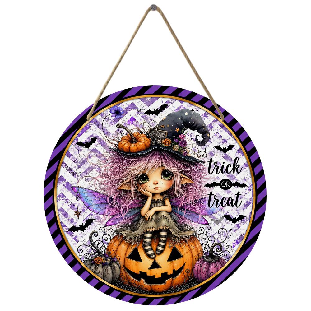 Cute witch pumpkin trick or treat Round Wooden Hanging Plaque wall art decor indoor outdoor seasonal festive ornament holiday party supply