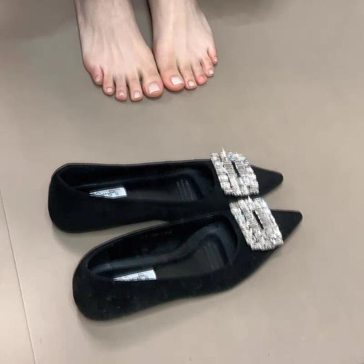 French Beautiful Fashion Inner Height Increase Versatile Evening Shoes Shallow Mouth Rhinestone Square Buckle Ladyshoes Pointed Temperament Commuter