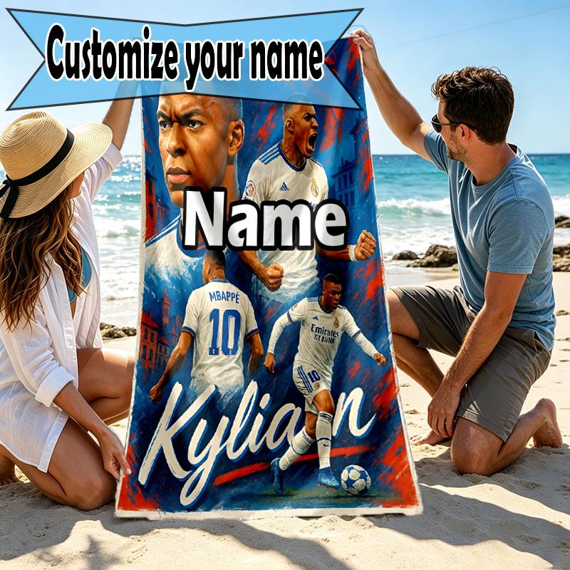 Personalisierbares Strandtuch mit Kylian Mbappe Aufdruck und individuellem Namen, für Reise Camping Strandparty Heimdekoration, Geburtstagsgeschenk für Familie & Freunde