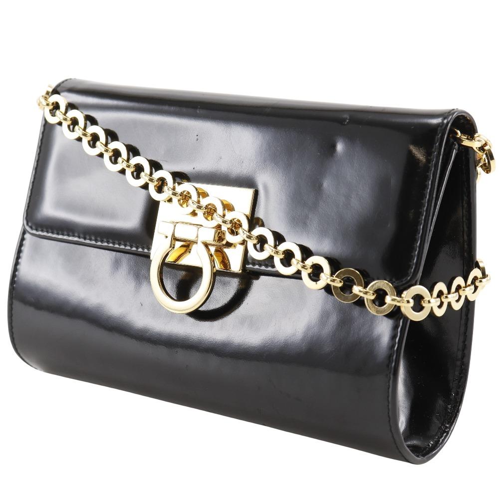Salvatore Ferragamo ChainShoulder Shoulder Bag AQ21-8752 Gancini 2-way Clutch Black Enamel Women Used