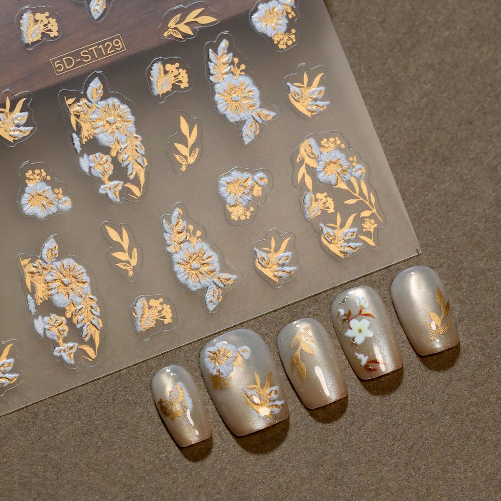 New Chinese style manicure sticker gilt three-dimensional 5D nail piece nail sticker flower relief sticker manicure sticker