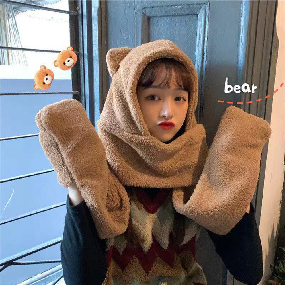 3-in-1 Hat Scarf Gloves Set For Women Cute Bear Mask Hat Winter Warm Double Layered Thickened Accessories