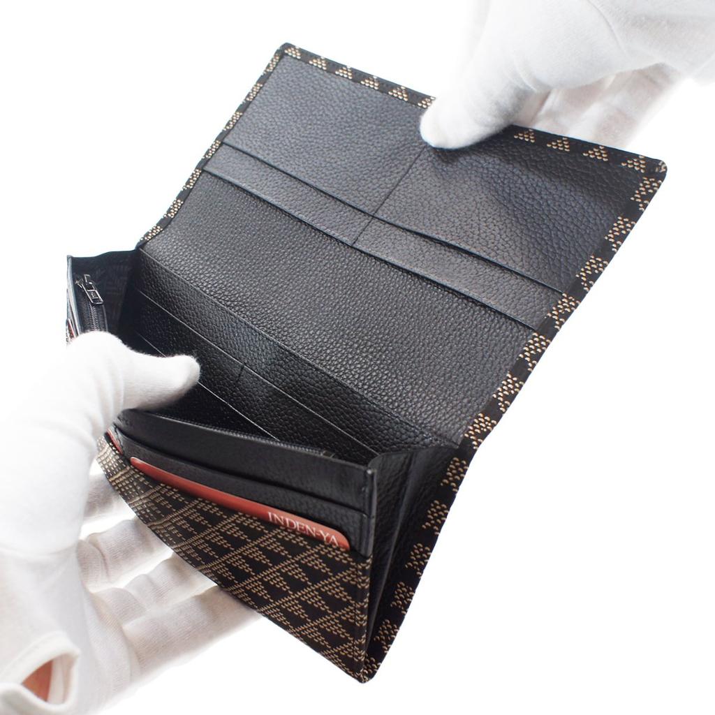 Inden Long Bundle with Coin Black Background X White Wave Scale Pattern [Indenya] Wallet, M, Purse, Deerskin, Lacquer, 2109-11-118