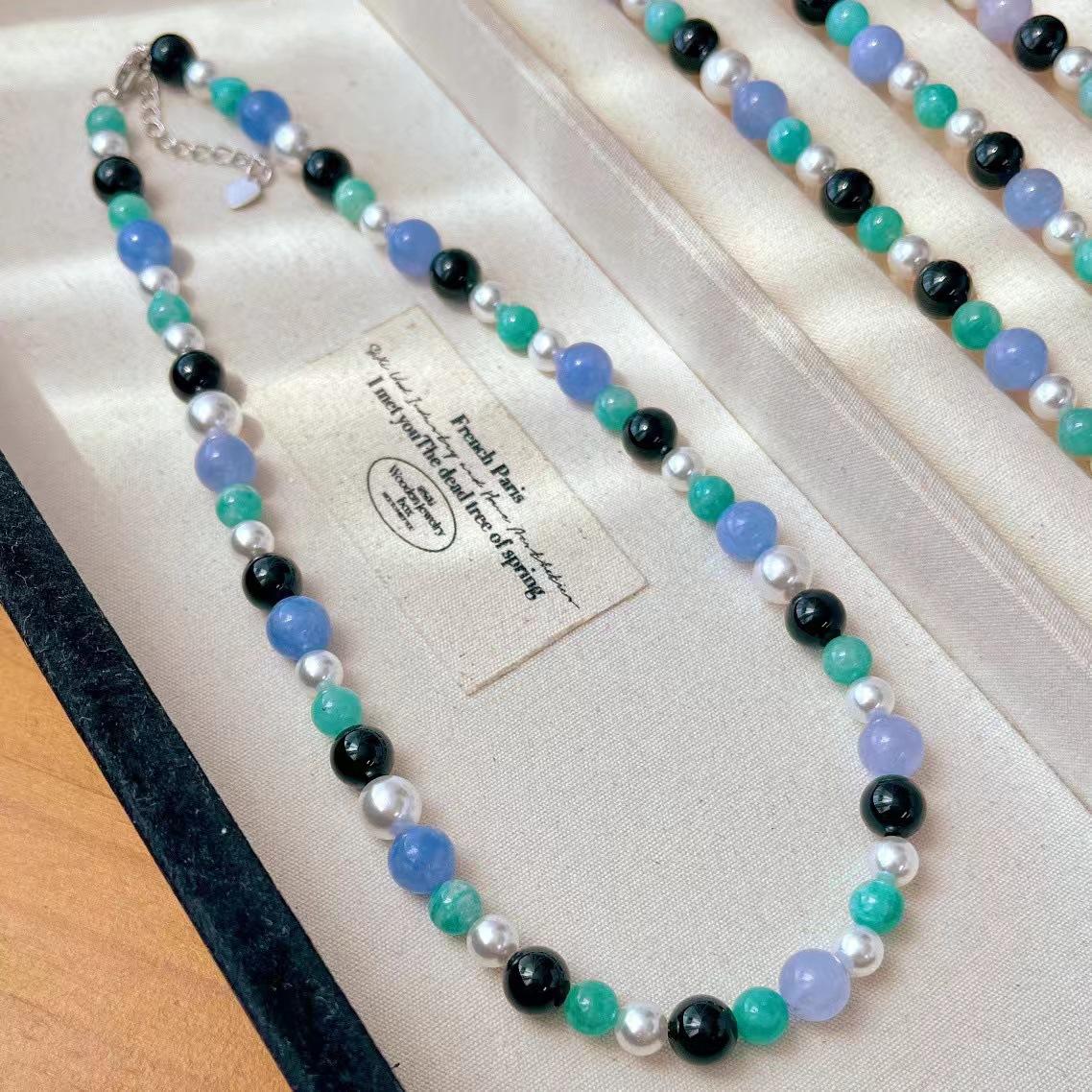 

Retro Natural Black Agate Tianhe Stone Artificial Imitation Australian White Pearl Contrasting Collarbone Chain Necklace