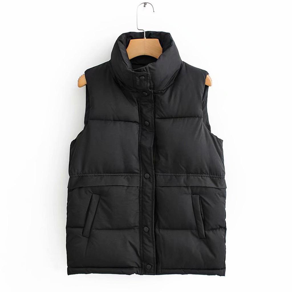 Women Solid Short Outerwear Cotton Jackets Pocket Loose Stand Vest Coats