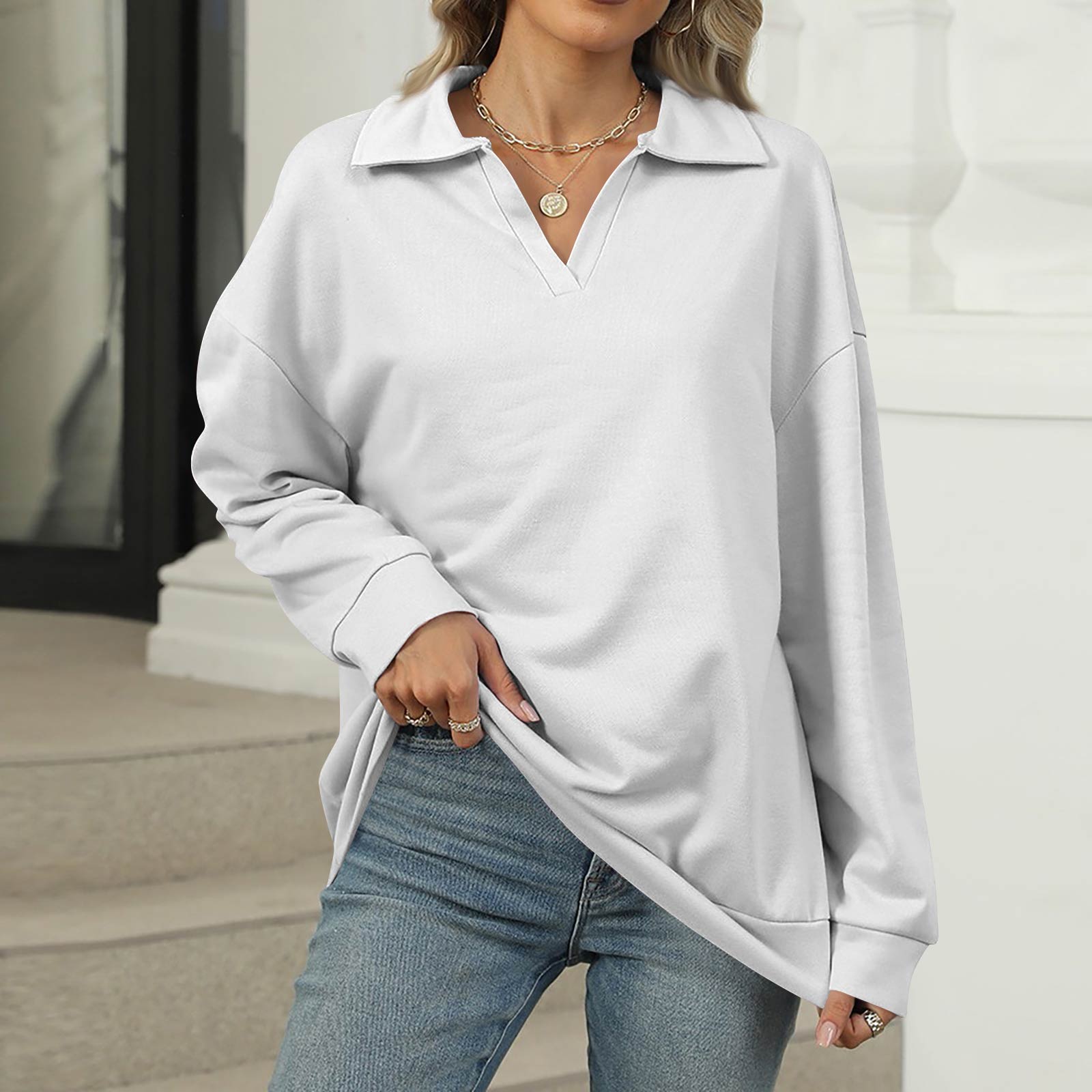 

Жіночий модний світшот оверсайз однотонний з V-подібним вирізом та довгим рукавом, повсякденний топ XL білий