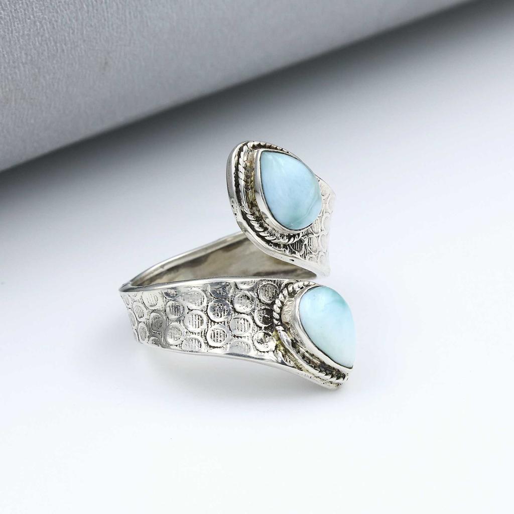 925 Sterling Silber Natürlicher Larimar Edelstein Geburtsstein Ring, Statement Ring, Böhmischer Ring