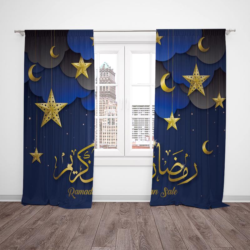 2 ks - Ramadan - Modrá hvězda a měsíc - Tištěný závěs - Polyesterový materiál, vhodný do ložnice, obývacího pokoje, pracovny