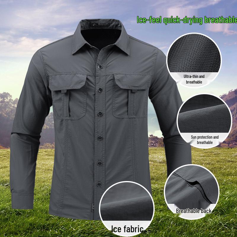 Men's Quick-Dry Ice-Feel Sun Protection Long-Sleeve Shirt for Spring/Summer Outdoor and Workwear, Plus Size Available.
