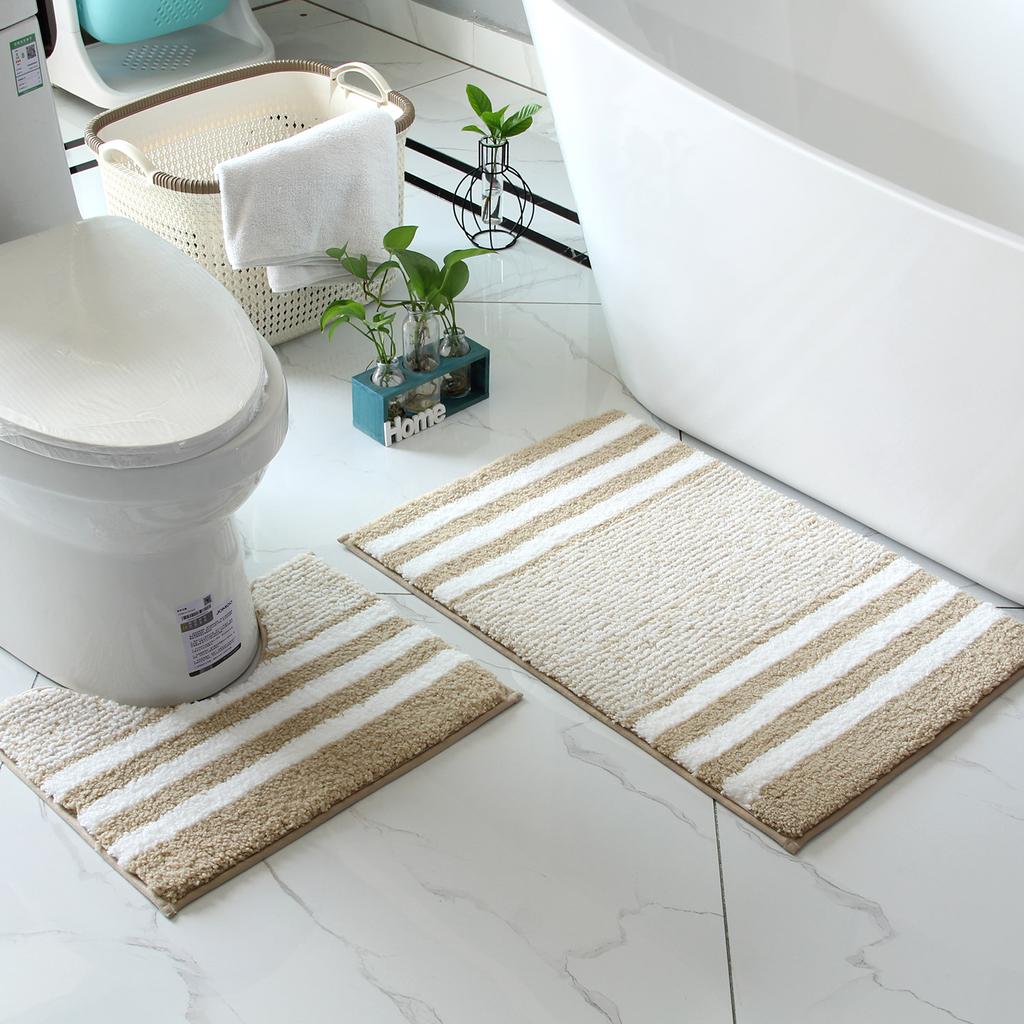 Striped Microfiber Bathroom Carpet Set 2-piece,waterproof,non-slip and Quick Drying,machine washable,TPR Backing, Medium Velvet