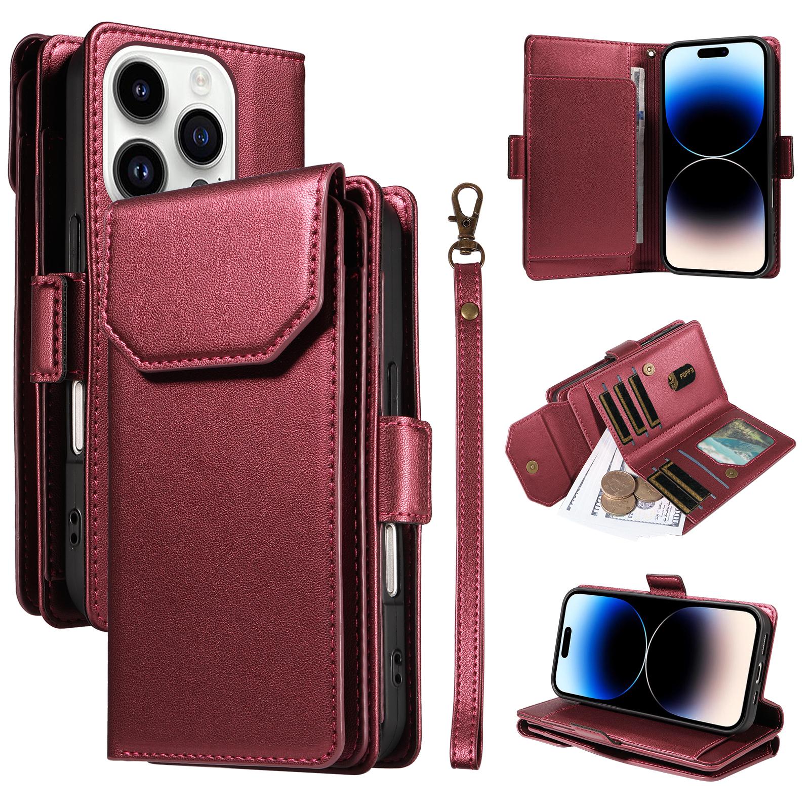 

For iPhone 14 Pro Max Case with Multi-Card Holder and Strap PU Leather Phone Cover Stand Wine Red