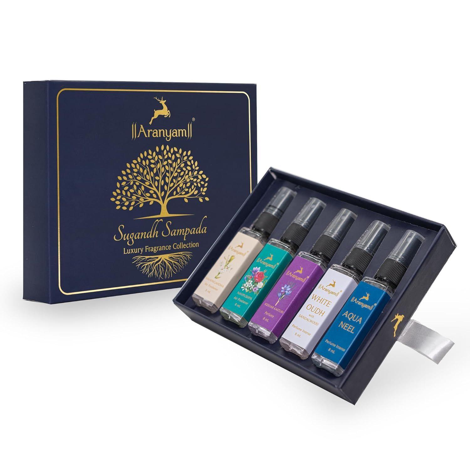 

Подарочный набор Aranyam Perfumes Rakhi для мужчин и женщин — роскошный набор ароматов из 3 натуральных + 2 освежителей воздуха для автомобиля и дома, парфюм длительного действия.(8MLX5шт)