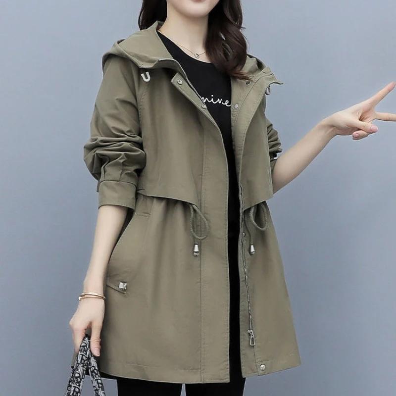 Spring and Autumn Women's Mid-length Trench Coat Hooded Zipper Tie-in Jackets British Style Loose Coats Women's Clothing