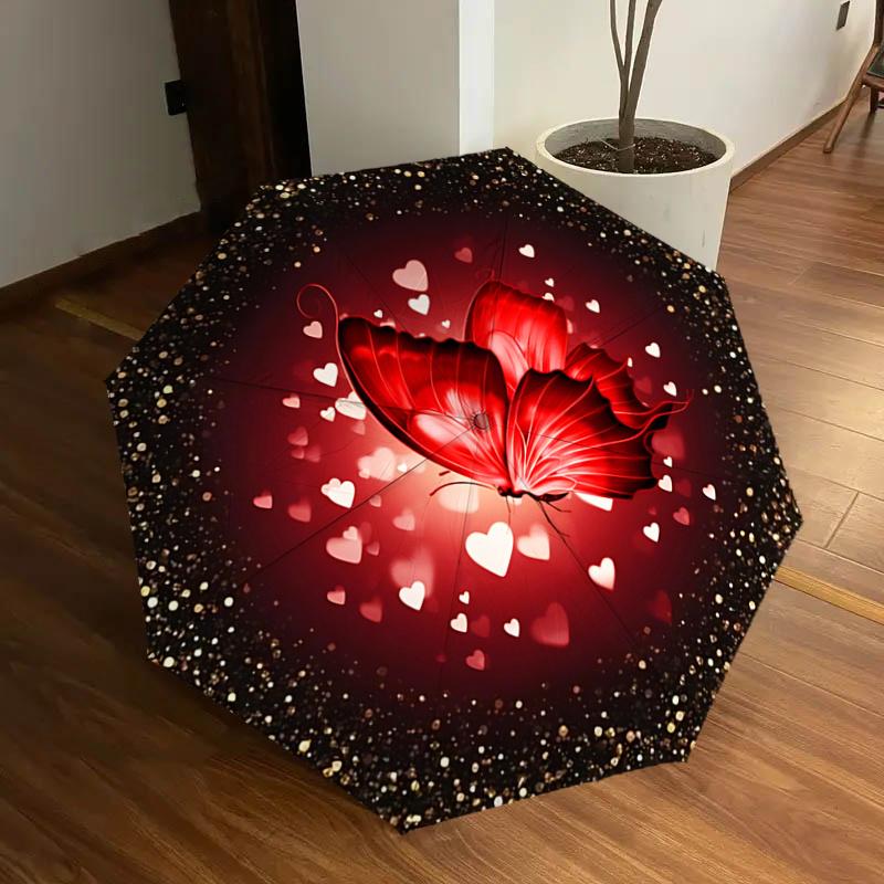 

Red Butterfly Heart Auto Open Close Umbrella - Portable Folding Design, 8-Bone Iron Frame Outdoor Rain Umbrella, Perfect Gift for Fans, Trav