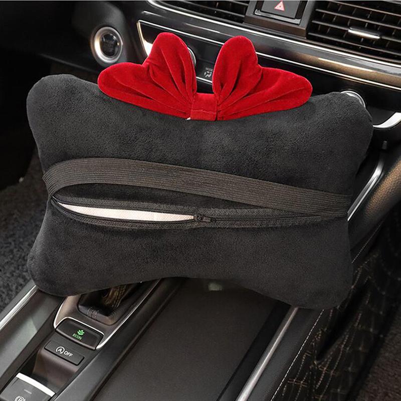 1pc Cute Cartoon Red Bowknot Car Neck Pillow Universal Auto Seat Headrest Support Seatbelt Cover Car Accessories for Women